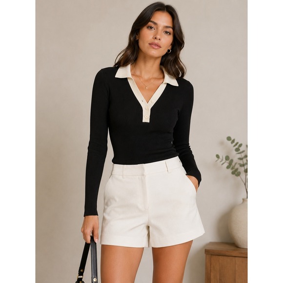 Commense Tops - COMMENSE Contrast Collar Ribbed Knit Top Womens S Black Ivory Polo NEW WITH TAGS